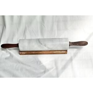 Vintage Heavy Marble Rolling Pin with Stand - Dark Wood, White and Grey Marble